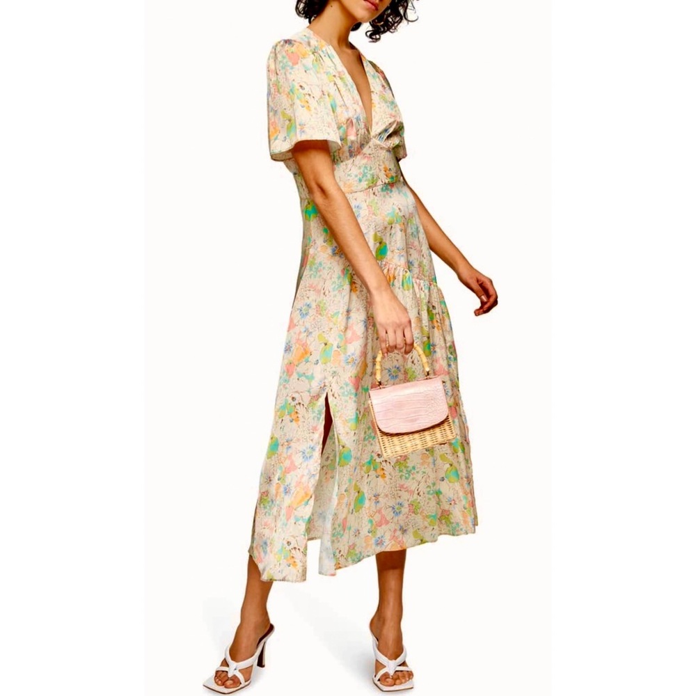 Topshop Willow Floral Angel Sleeve Satin Midi Dress Size 8 - Picture 2 of 14